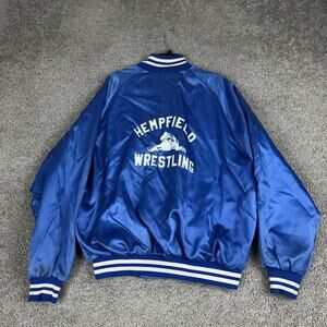 Vintage Hempfield Wrestling Jacket Mens XL Blue Satin Westark USA Coach 80s